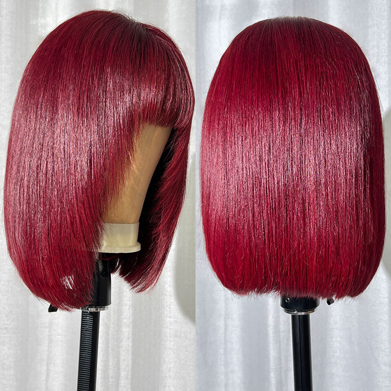 Klaiy Burgundy Bob Wig bangs with layers Human Hair Lace Front Wig