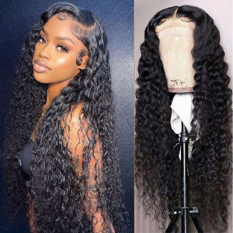 Klaiyi Deep Wave 13x4 HD Transparent Lace Front Wig Human Hair Curly Glueless Lace Wigs