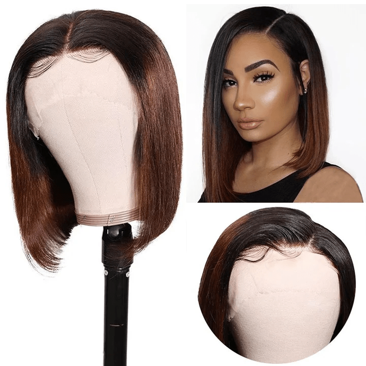 Klaiyi Preplucked T1b/4 Ombre Color Brazilian Straight Short Bob Wigs Ombre Lace Front Human Hair Wigs 150% Density