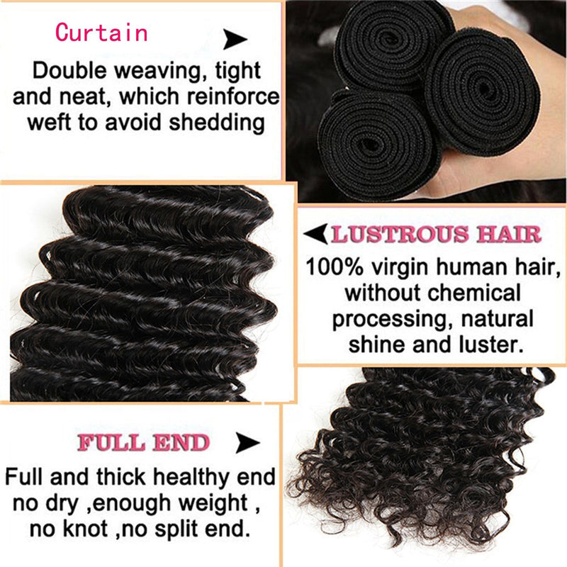 Klaiyi Deep Wave Human Hair Weave 3Pcs/Pack Virgin Hair Extensions For Ponytail