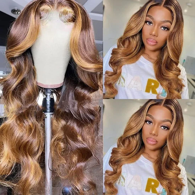Klaiyi Ombre Honey Blonde Highlight 4x4 Lace Closure Wig 13x4 Lace Front Body Wave Wig Flash Sale