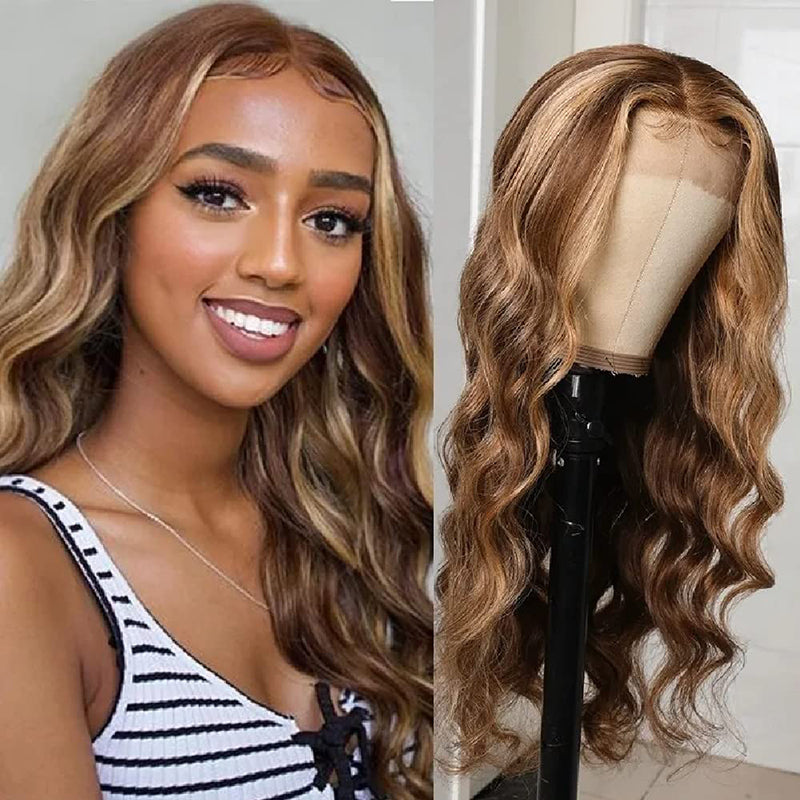 Klaiyi Ombre Honey Blonde Highlight 4x4 Lace Closure Wig 13x4 Lace Front Body Wave Wig Flash Sale
