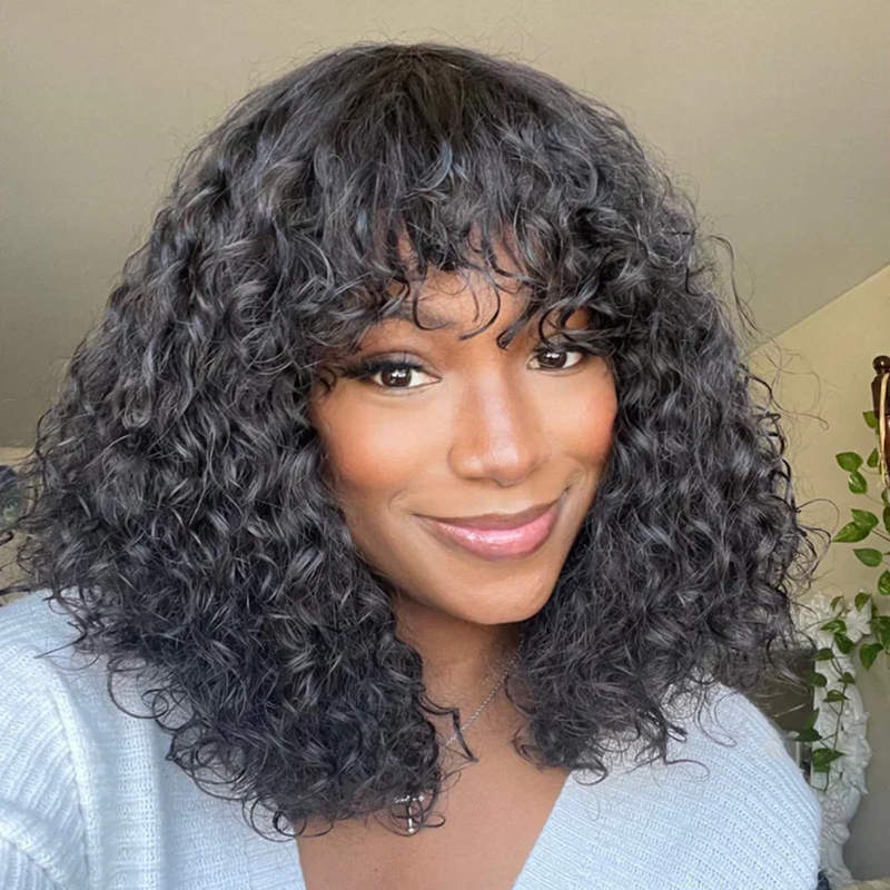 Klaiyi Glueless Short Bob Wig Tousled Bouncy Curly With Bangs Machine Made Wig Virgin Human Hair