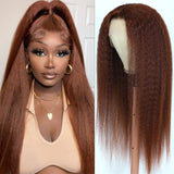 Klaiyi Kinky Straight Reddish Brown Lace Part Wig 13x5x0.5 T Part Hand Tied Lace Wig