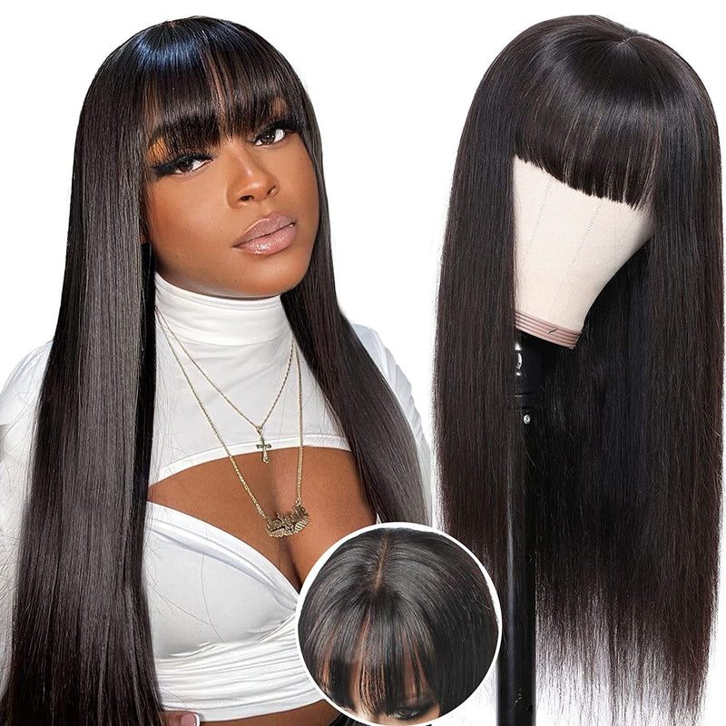 Buy 1 Get 1 Free,Code:BOGO |Klaiyi Silly Straight Wig with Bangs 13x4 Lace Front Wigs