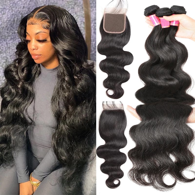 Klaiyi Hair Body Wave Virgin Human Hair 3 Bundles with 4x4 Lace Closure Pre Plucked