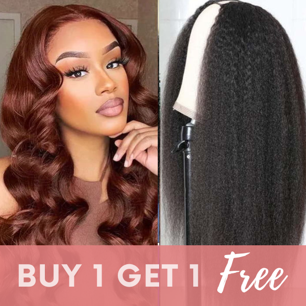 BOGO FREE| Reddish Brown Lace Front Wig & Free Kinky Straight Glueless U Part Wig Flash Sale
