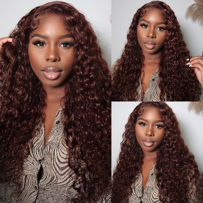 Klaiyi Pre-Cut Lace Wig Put On and Go Reddish Brown Lace Wig Jerry Curl Wig