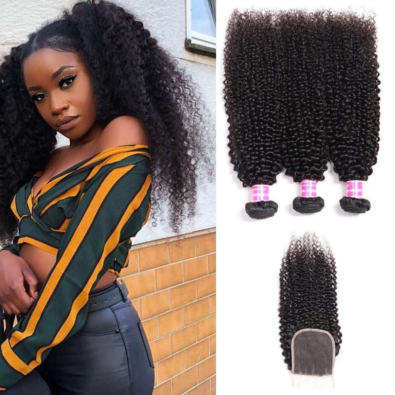 Klaiyi Peruvian 100% Human Hair Virgin Kinky Curly Hair 3 Bundles with 4*4 Lace Closure On Sale