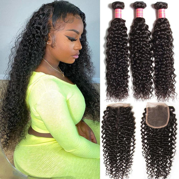 Klaiyi 3 Bundles Indian Jerry Curly Human Hair Bundles With 4*4 Lace Closure