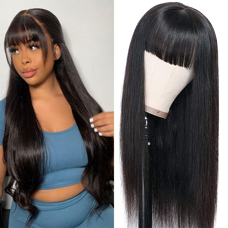 Buy 1 Get 1 Free,Code:BOGO |Klaiyi Silly Straight Wig with Bangs 13x4 Lace Front Wigs