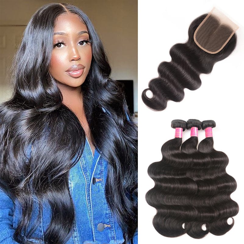 Klaiyi Hair Body Wave Virgin Human Hair 3 Bundles with 4x4 Lace Closure Pre Plucked