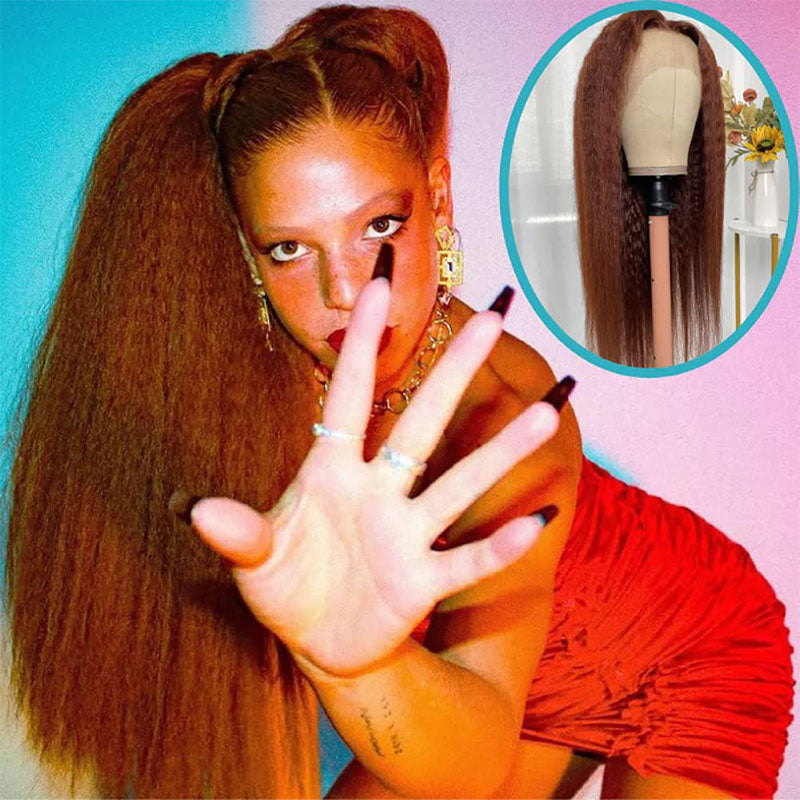Klaiyi Kinky Straight Reddish Brown Lace Part Wig 13x5x0.5 T Part Hand Tied Lace Wig