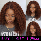 Buy 1 Get 1 Free,Code:BOGO | Klaiyi Auburn Brown Color 13x4 Glueless Lace Frontal Wig Kinky Curly Human Hair