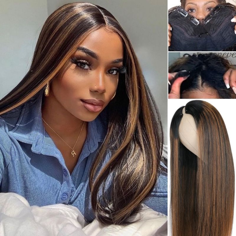 Klaiyi Bonde Straight V Part Wig Highlight Balayage Color Natural Scalp Protective Beginner Friendly