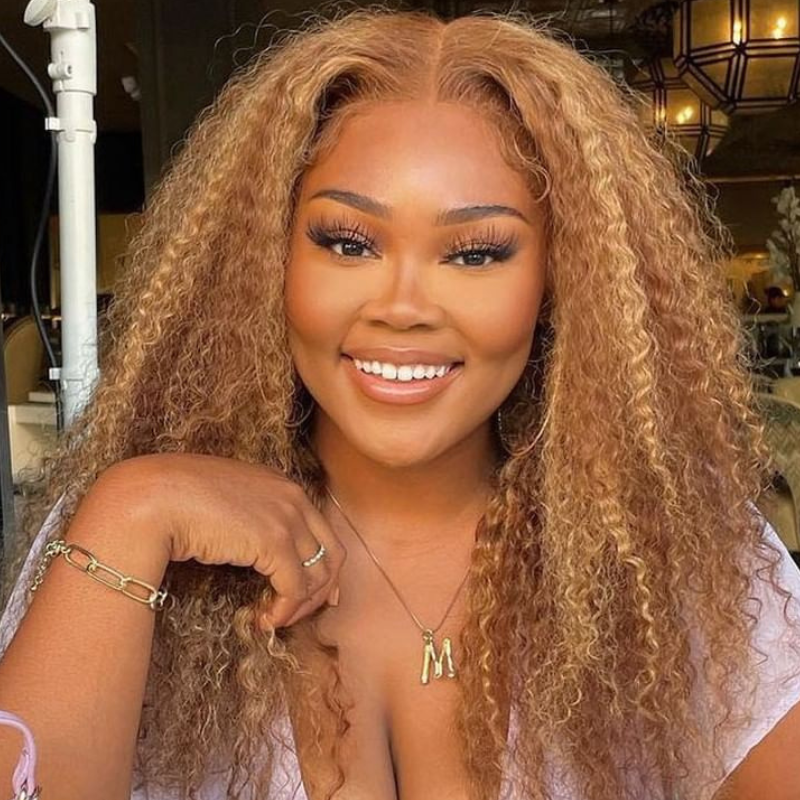 Extra 60% OFF | Klaiyi Honey Blonde Highlight Lace Front Wigs Ombre Color Jerry Curly Human Hair Wigs