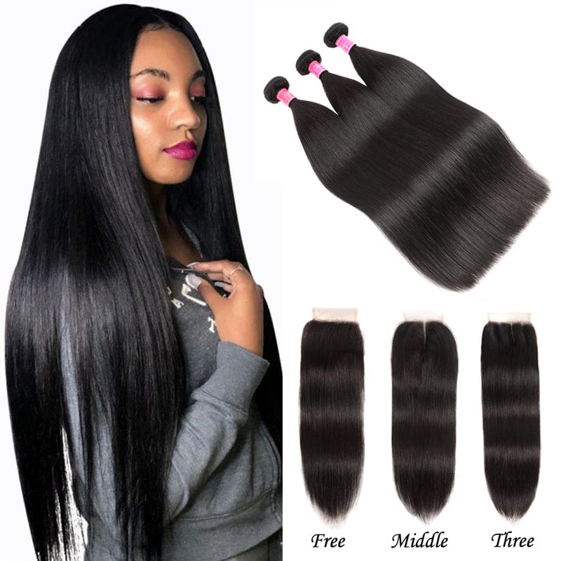 Klaiyi 8A Malaysian Straight Virgin Hair 3 Bundles with 4x4 Lace Closure