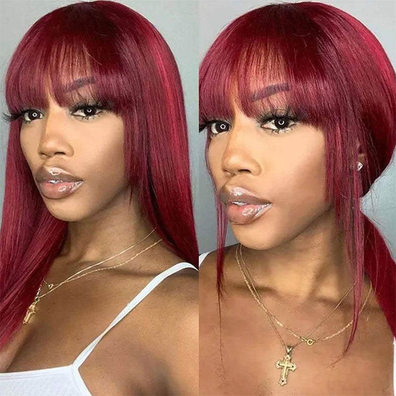 Klaiyi 99j Burgundy Color Straight Wigs With Bangs For Women 100% Virgin Human Hair Wigs