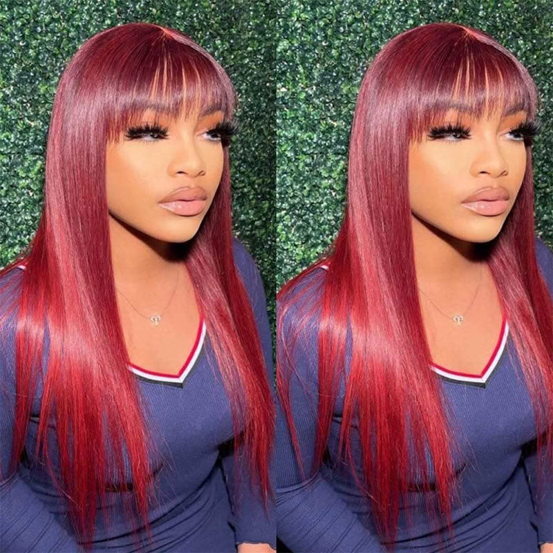 Klaiyi 99j Burgundy Color Straight Wigs With Bangs For Women 100% Virgin Human Hair Wigs