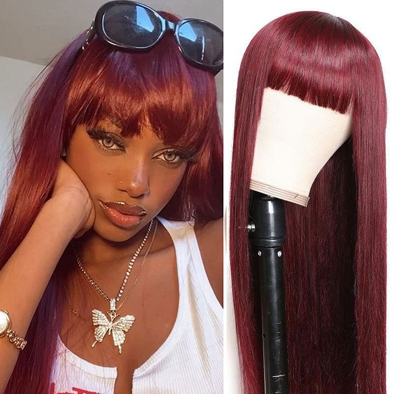 Klaiyi 99j Burgundy Color Straight Wigs With Bangs For Women 100% Virgin Human Hair Wigs