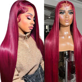 Klaiyi Dark 99J Burgundy Color Long Straight Lace Front Wigs 100% Virgin Human Hair Wigs