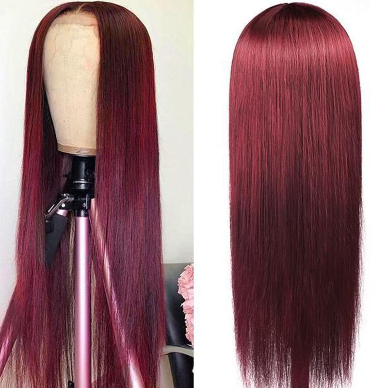 Klaiyi Dark 99J Burgundy Color Long Straight Lace Front Wigs 100% Virgin Human Hair Wigs
