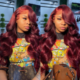Klaiyi 99J Burgundy Lace Part Wig Pre Plucked Body Wave Human Hair Lace Front Wig