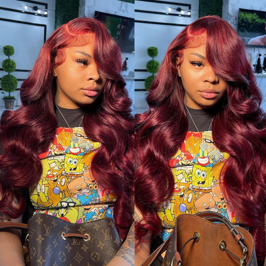 Klaiyi Reddish Brown/Red & Blonde Multicolor Highlights/99J Burgundy 13x4 Lace Front Wig Body Wave Human Hair