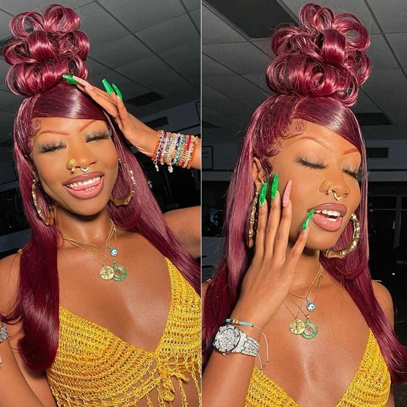Klaiyi Dark 99J Burgundy Color Long Straight Lace Front Wigs 100% Virgin Human Hair Wigs