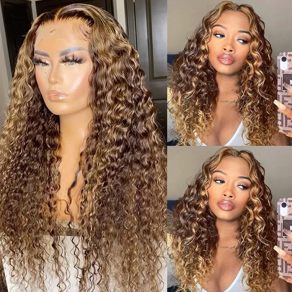 Klaiyi Ombre Highlight Lace Front Wig Deep Wave Honey Blonde Human Hair Fall Trend Color Wig Flash Sale