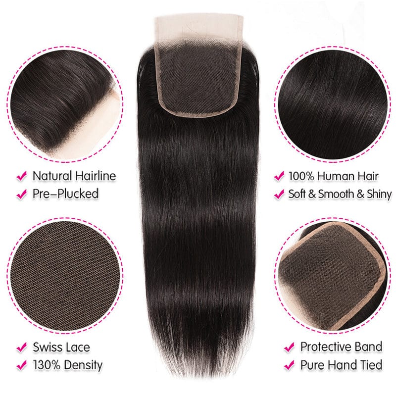 Klaiyi 8A Malaysian Straight Virgin Hair 3 Bundles with 4x4 Lace Closure