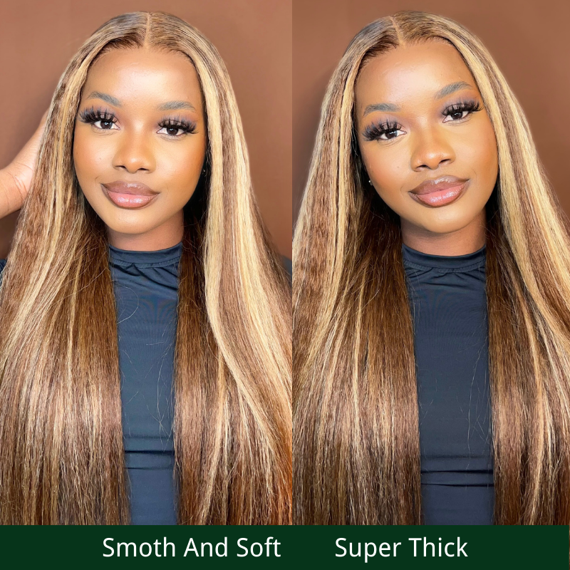 Klaiyi Yake Straight Honey Blonde Highlight Kinky Straight Lace Frontal Wig Flash Sale