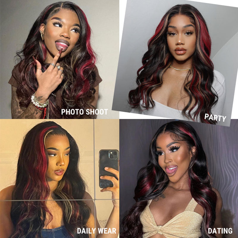 Klaiyi Multi Color Highlights 7x5 Bye Bye Knots/13x4 Lace Front Blonde And Red Body Wave Wigs Human Hair