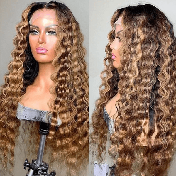 Klaiyi Ombre Highlight Lace Front Wig Deep Wave Honey Blonde Human Hair Fall Trend Color Wig Flash Sale