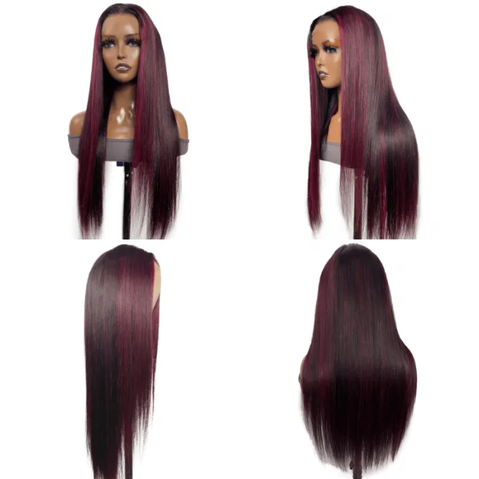 Klaiyi 99J Burgundy Face Framing Highlights Straight 13x4 Lace Front Wigs Flash Sale