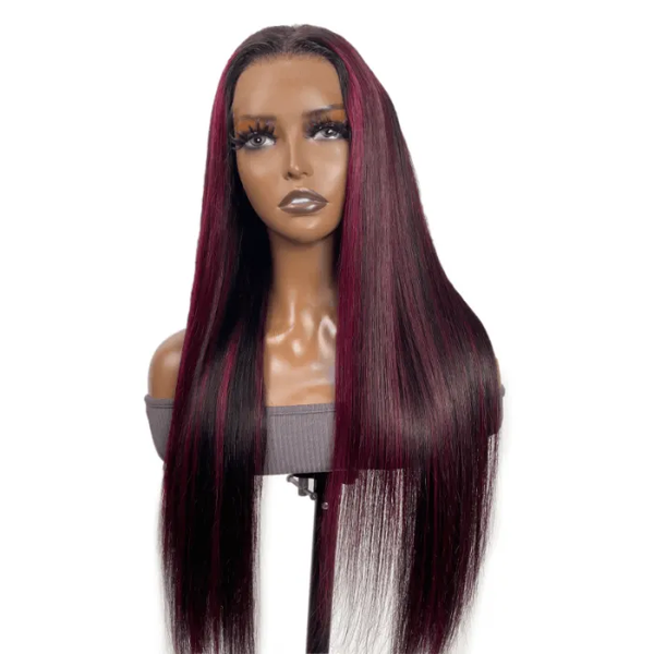 Klaiyi 99J Burgundy Face Framing Highlights Straight 13x4 Lace Front Wigs Flash Sale