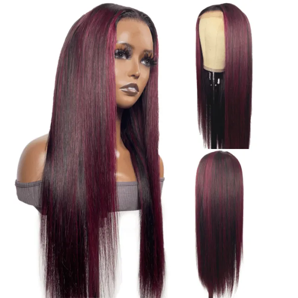 Klaiyi 99J Burgundy Face Framing Highlights Straight 13x4 Lace Front Wigs Flash Sale