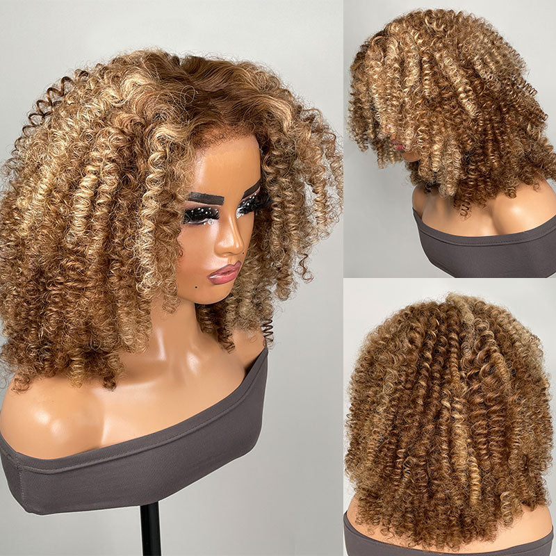 Klaiyi Pre-Cut Lace 4C Afro Kinky Curly Wig Highlight Blonde 13x4 Lace Frontal Wig Flash Sale