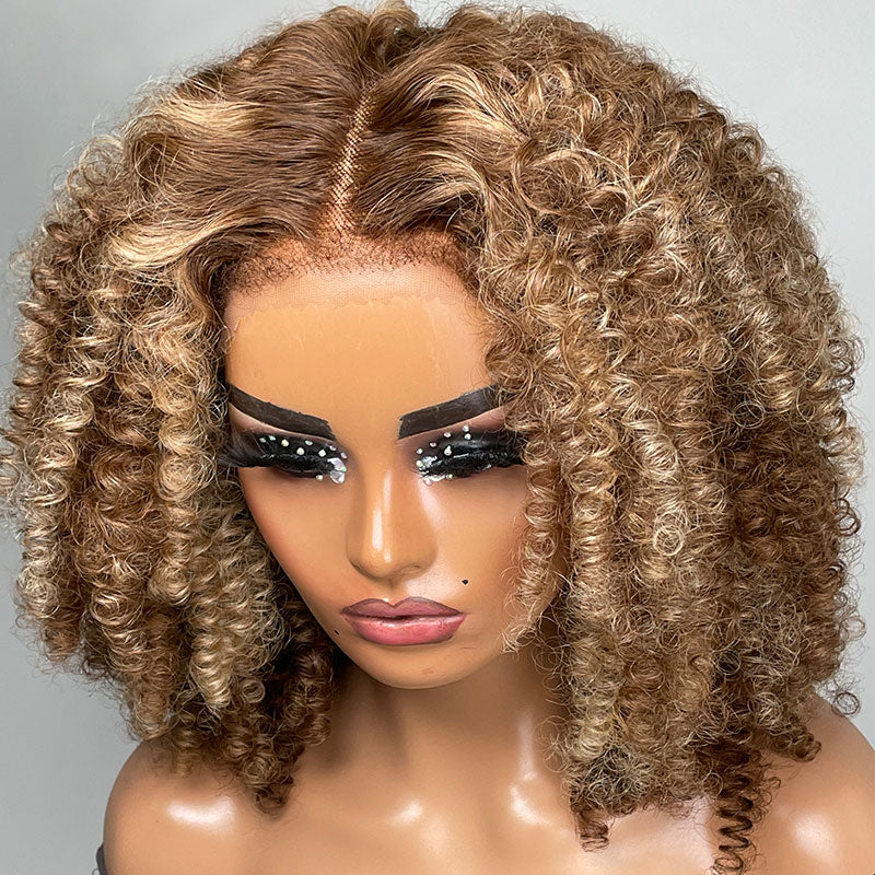 Klaiyi Pre-Cut Lace 4C Afro Kinky Curly Wig Highlight Blonde 13x4 Lace Frontal Wig Flash Sale