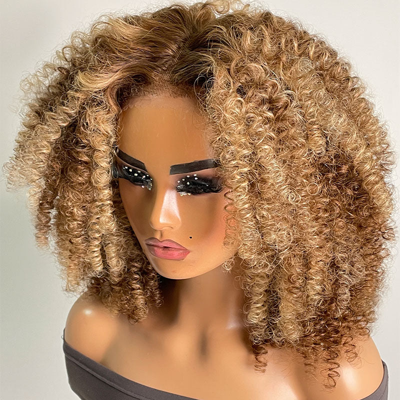 Klaiyi Pre-Cut Lace 4C Afro Kinky Curly Wig Highlight Blonde 13x4 Lace Frontal Wig Flash Sale