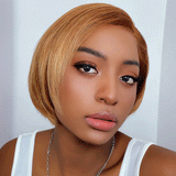 Klaiyi Asymmetric Short Inverted Bob Brown with Blonde Highlights Lace Front Wig Klaiyi Human Hair 70% OFF Flash Sale