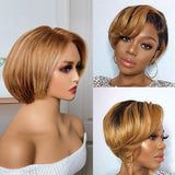Klaiyi Asymmetric Short Inverted Bob Brown with Blonde Highlights Lace Front Wig Klaiyi Human Hair 70% OFF Flash Sale