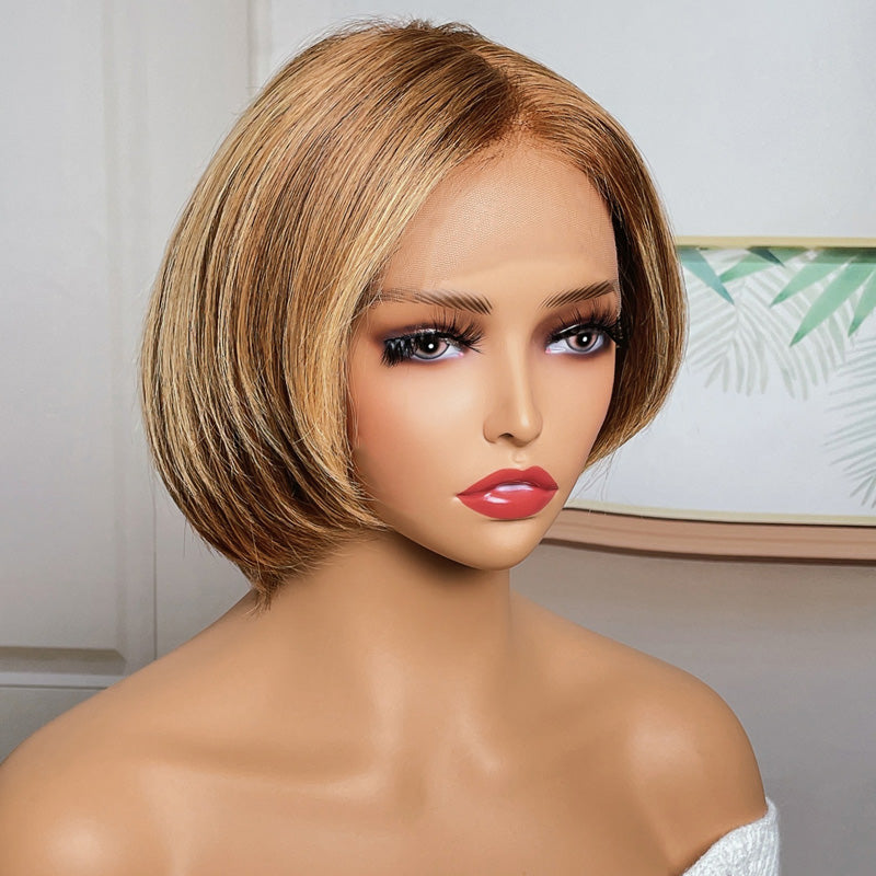 Klaiyi Asymmetric Short Inverted Bob Brown with Blonde Highlights Lace Front Wig Klaiyi Human Hair 70% OFF Flash Sale