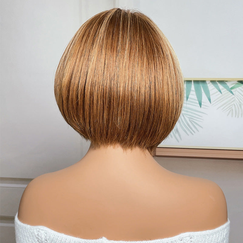 Klaiyi Asymmetric Short Inverted Bob Brown with Blonde Highlights Lace Front Wig Klaiyi Human Hair 70% OFF Flash Sale