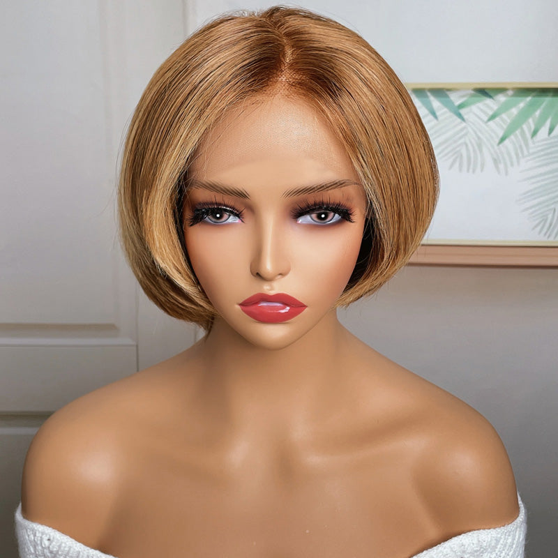 Klaiyi Asymmetric Short Inverted Bob Brown with Blonde Highlights Lace Front Wig Klaiyi Human Hair 70% OFF Flash Sale