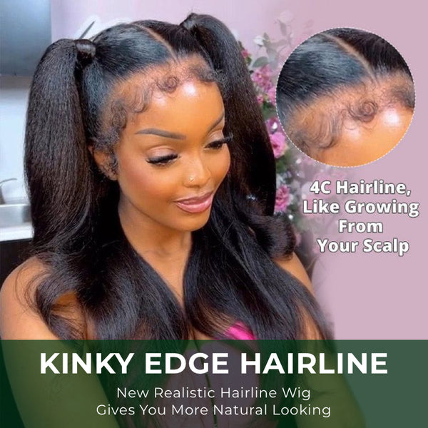 Klaiyi 4C Hairline Glueless Kinky Straight 13x4 Lace Front Wig With Curly Edges Kinky Baby Hair Wig