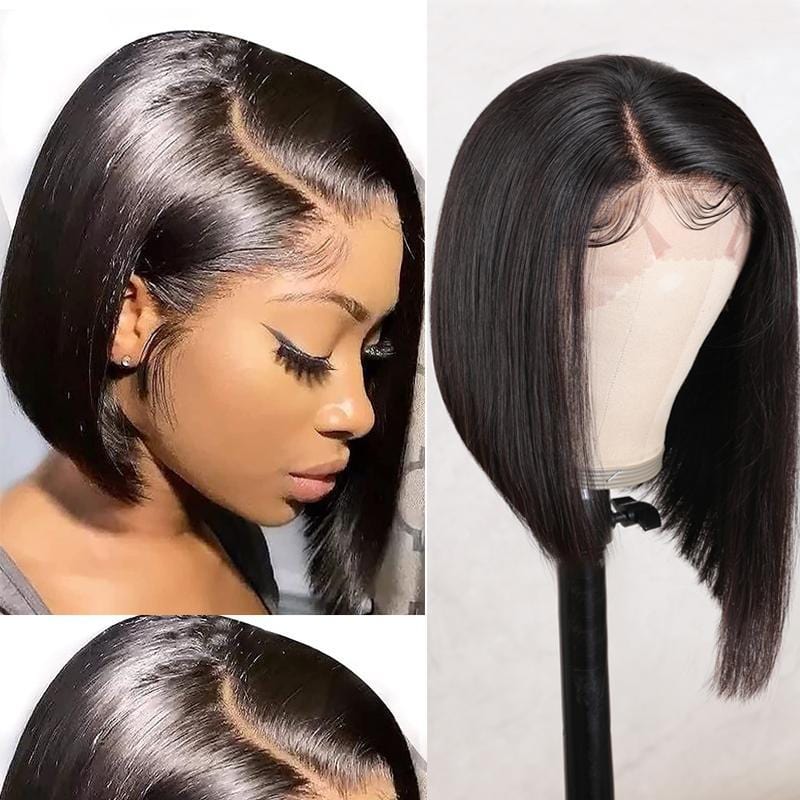 Klaiyi Asymmetrical Bob Wigs Blunt Haircuts Lace Front Wigs with Side Part Perfect For Any Face Shapes