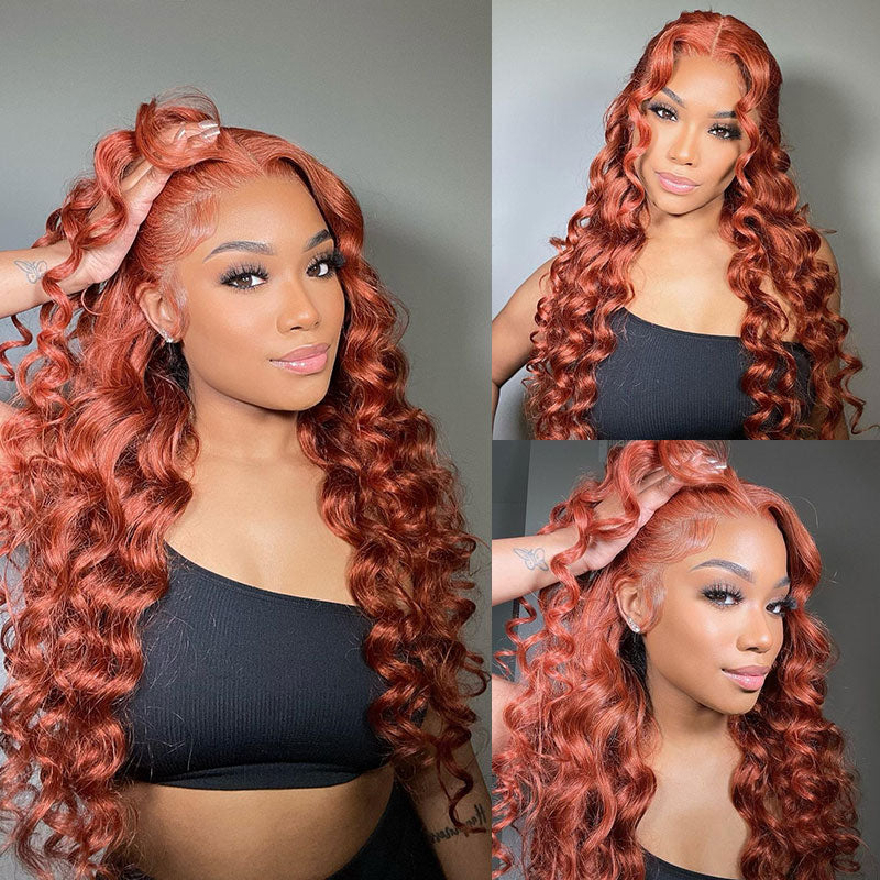 Klaiyi Spicy Ginger 13x4 Lace Front Wig Body Wave Human Hair Wig Copper Brown Hair