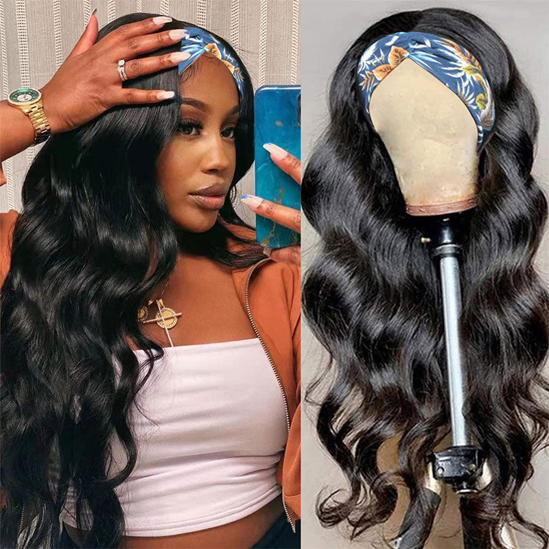 Klaiyi Body Wave Headband Wig Glueless Human Hair Wigs With Pre-attached Scarf Half Wig 150% Density