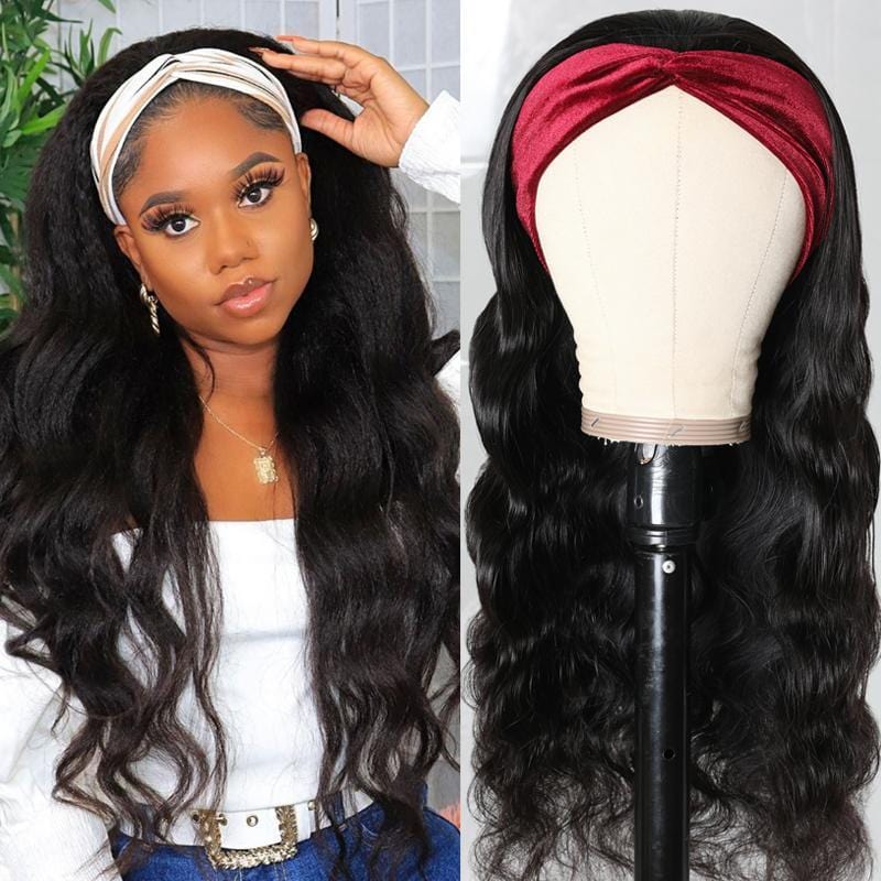 Klaiyi Body Wave Headband Wig Glueless Human Hair Wigs With Pre-attached Scarf Half Wig 150% Density